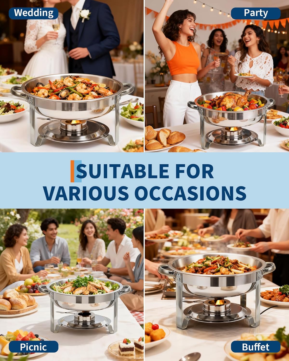 Garvee Industrial 4 Pack 5QT Stainless Steel Round Chafing Dish Buffet Set - Insulated Food Warmer with Stackable Lids for Catering, Parties, Weddings, Banquets - Durable Portable Server, 4pcs