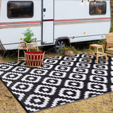 Garvee Outdoor Black & White 9x12 Reversible Waterproof Rug, Plastic Straw Modern Geometric Washable Mat for Patio RV Pool Deck Camping Beach - Black & White