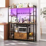 Garvee 55" Bakers Rack with Power Outlet and LED Light, 5-Tier Kitchen Microwave Stand Coffee Bar with Storage, 10 Hooks, Wire Basket, Metal Grid, Wine Rack, Goblet Holder, Rustic Brown - Rustic Brown