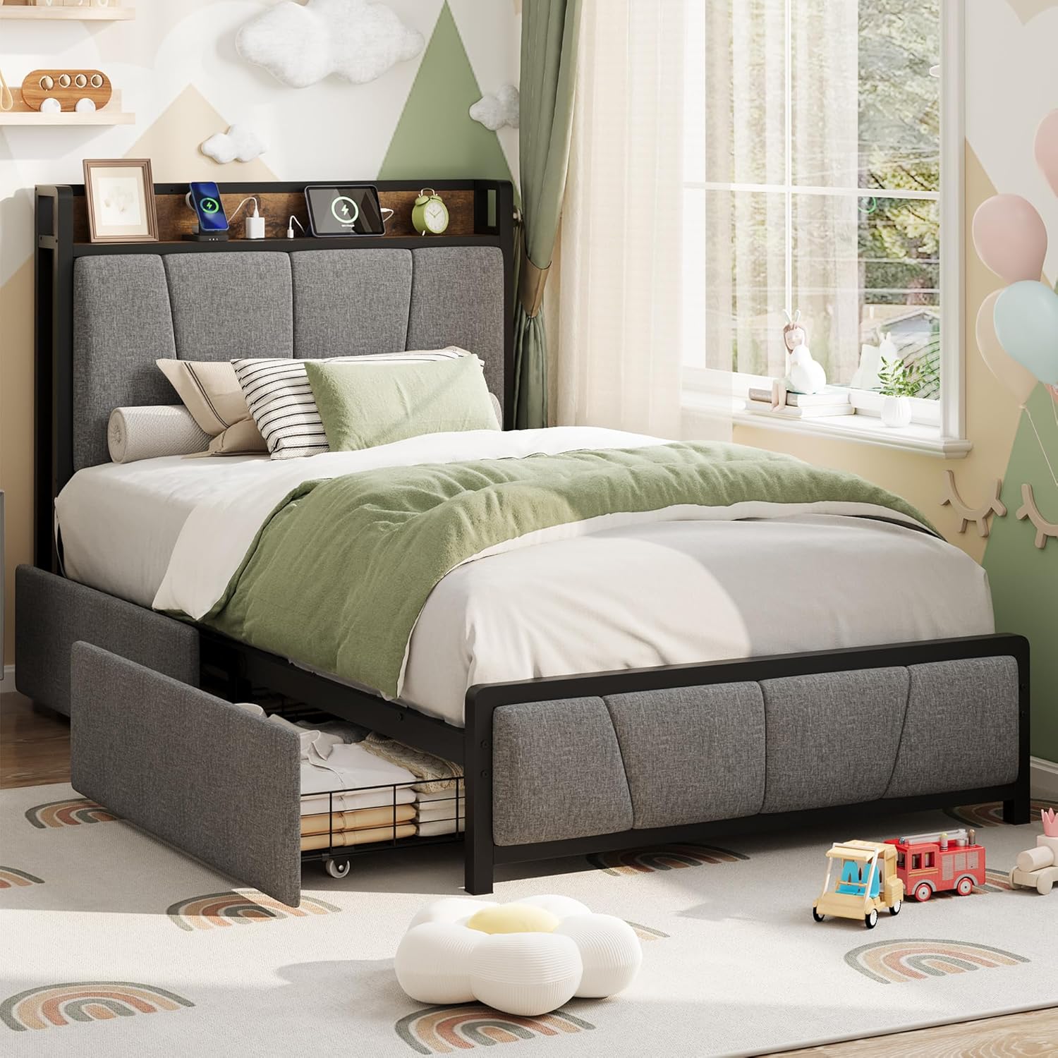 Garvee Twin Size Bed Frame with 2 Storage Drawers and Charging Station, Rustic Linen Upholstered Platform Bedframe with Storage Headboard, Heavy Duty, Easy to Assemble for Kids, Grey