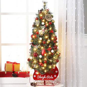 Garvee 4ft Christmas Tree with 85 Lights, Pre-Lit Artificial Desktop Xmas Tree with 8 Mode Includes Red Berries & Sleigh Base for Holiday Indoor DIY Christmas Decor, 1 PCS