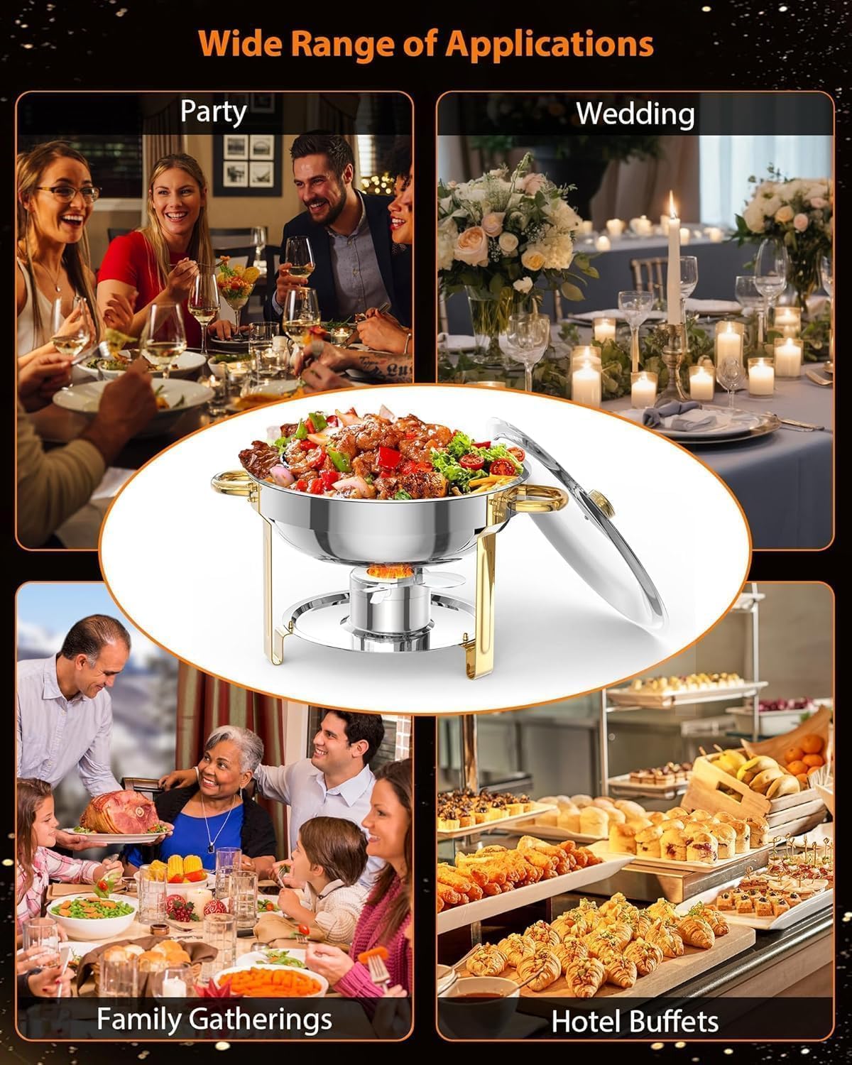 Garvee Durable Gold Stainless Steel Chafing Dish Set – 4 Pack 5QT Round Commercial Buffet Food Warmer with Lid Holder, Spoon & Tweezers – High-quality Catering Equipment for Events, Parties, Weddings – Easy to Clean – Specs: 2x2