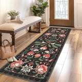 Garvee Vintage Floral Runner Rug 2x6 Washable Botanical Carpet Non Slip Low Pile Indoor Rug for Hallway Kitchen, Black - Purple-Black