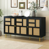 Garvee Rattan TV Stand for TVs Up to 55" with Metal Support Legs and Storage, Black, Living Room Entertainment Center