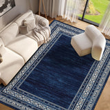 Garvee Navy Blue Washable Bordered Area Rug 5' × 7', Non Slip Low Pile Non Shedding Rug, Modern Distressed Geometric Rug for Living Room Dining Room Bedroom - Navy Blue