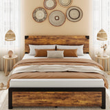 Garvee Full Bed Frame, Platform Full Size Bed Frame with Wood Headboard, Metal Full Bed Frame with Under Bed Storage and Support Legs, Noise Free, No Box Spring Needed, Easy Assembly-Rustic Brown - 