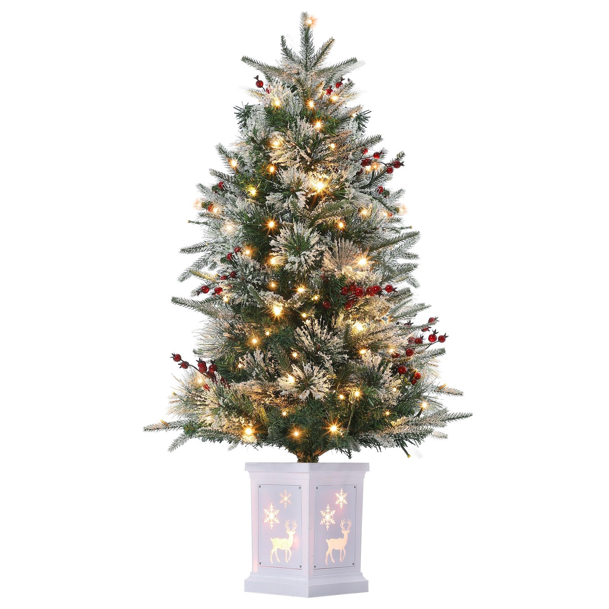 Garvee 4.5ft Christmas Tree, Pre-lit Christmas Tree with Lighting Elk Base and Red Berries, Artificial Christmas Tree with 108 LED Lights, Snow Flocked Branches Xmas Tree for Porch, Entryway