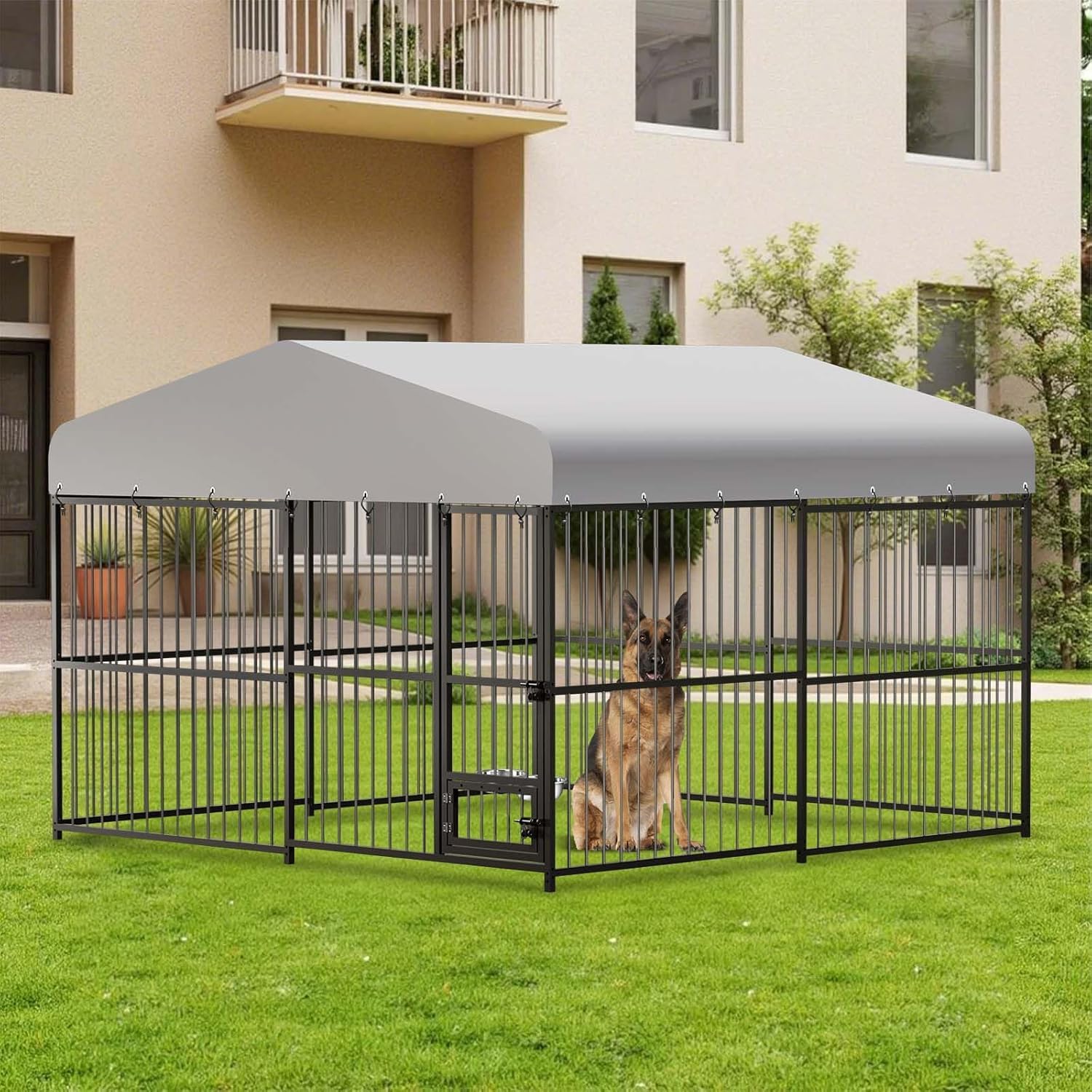 Garvee Large Outdoor Dog Kennel, Heavy Duty Dog Cage with Roof, Dog Kennel Galvanized Iron Dog House with Safety Locks, UV & Water Resistant Proof Cover, for Garden Backyard(10x10x6ft)