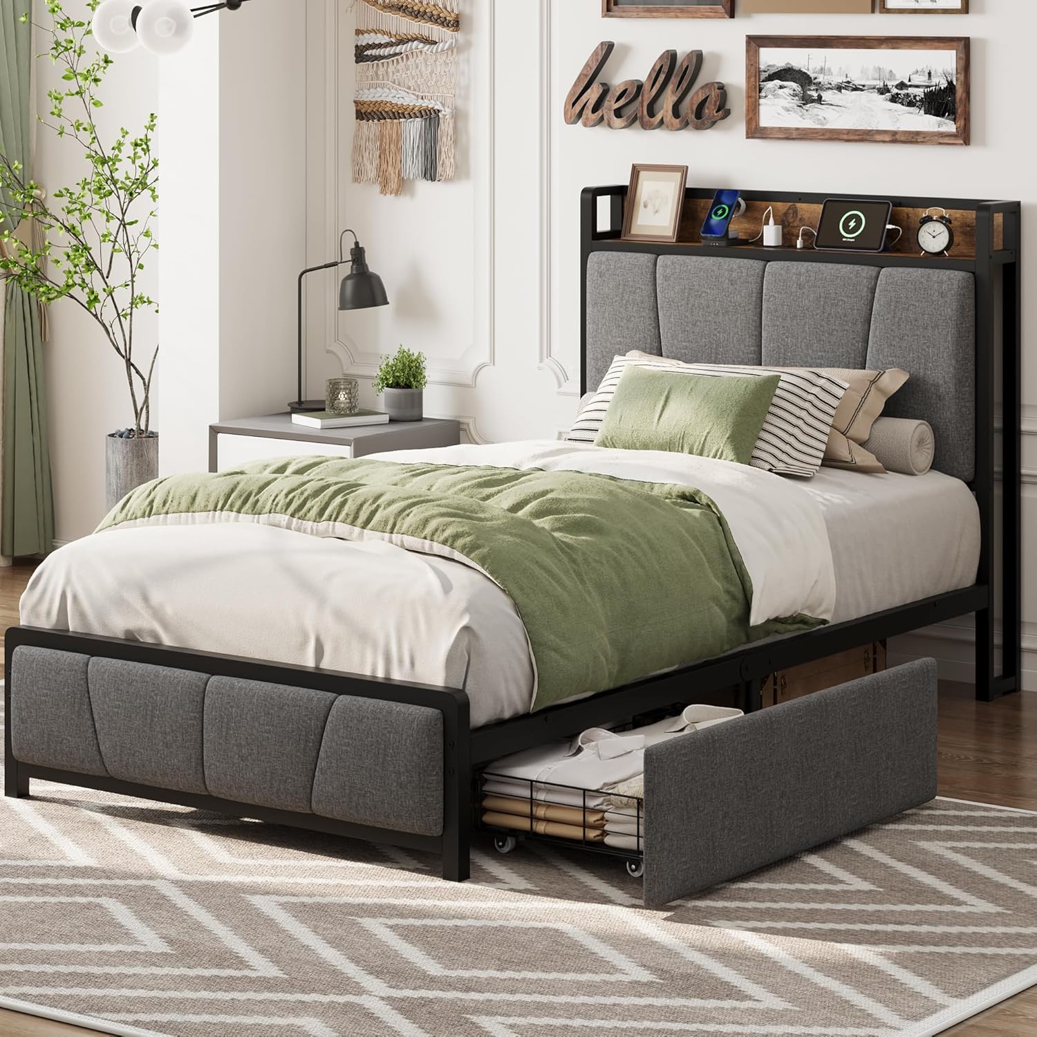 Garvee Twin Size Bed Frame with 2 Storage Drawers and Charging Station, Rustic Linen Upholstered Platform Bedframe with Storage Headboard, Heavy Duty, Easy to Assemble for Kids, Grey