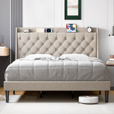 Garvee Queen Bed Frame with Charging Station and Wingback Storage Headboard, Button Tufted Upholstered Platform Bed with Adjustable Headboard, No Box Spring Needed, Noise-Free, Easy Assembly, Beige - Beige