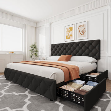 Garvee King Size Bed Frame with 4 Storage Drawers, Linen Upholstered Platform Bed Frame with Adjustable Headboard, Diamond Stitched Button Tufted, No Box Spring Needed, Black