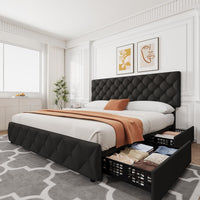 Garvee King Size Bed Frame with 4 Storage Drawers, Linen Upholstered Platform Bed Frame with Adjustable Headboard, Diamond Stitched Button Tufted, No Box Spring Needed, Black