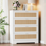 Garvee 4 Drawer Dresser for Bedroom, Rattan Chest of Dressers, Modern Wood Tall Dresser with Power Outlets, Drawer Organizer Unit with Metal Handle for Living Room Closet Hallway Entryway - White