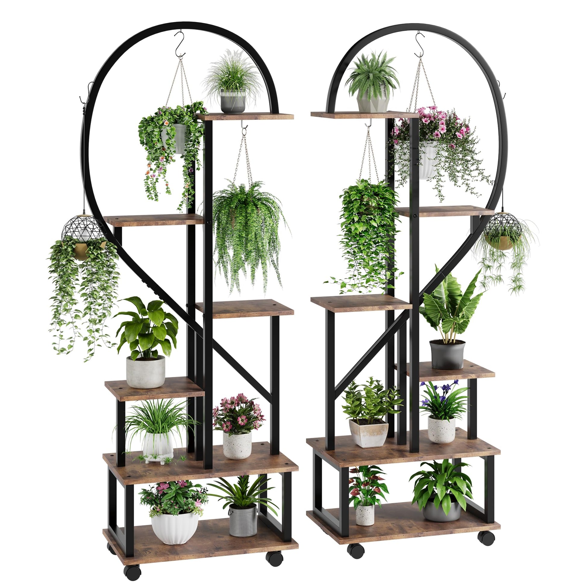 Elegant plant rack with storage shelves and hanging hooks, perfect for flowers and greenery.
