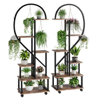 Elegant plant rack with storage shelves and hanging hooks, perfect for flowers and greenery.