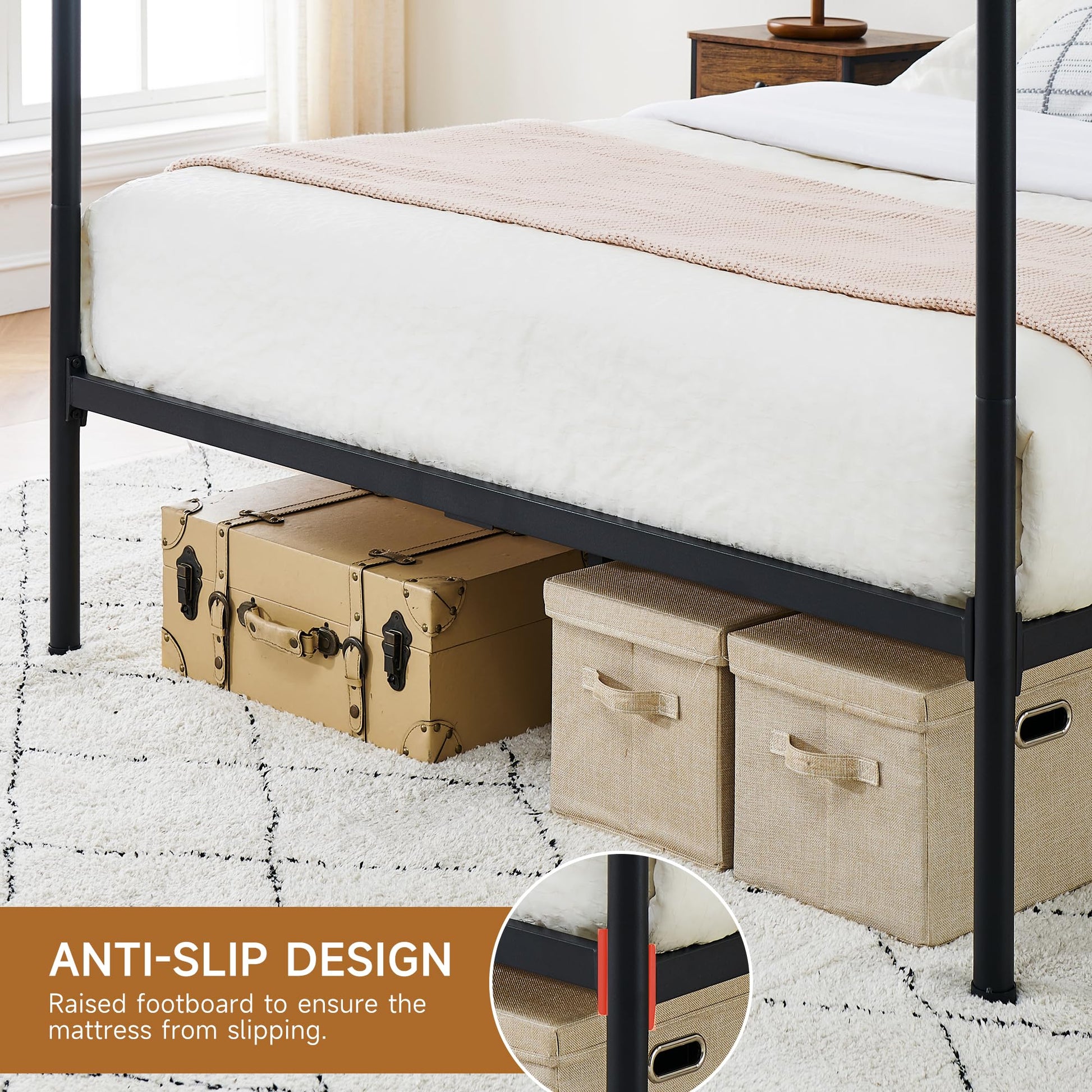 Garvee Queen Canopy Bed Frame, Industrial Metal Four-Poster with Headboard, Wooden Slats, Storage, No Box Spring, Easy Assembly