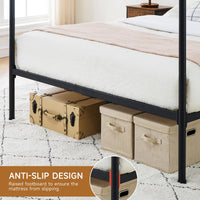 Garvee Queen Canopy Bed Frame, Industrial Metal Four-Poster with Headboard, Wooden Slats, Storage, No Box Spring, Easy Assembly