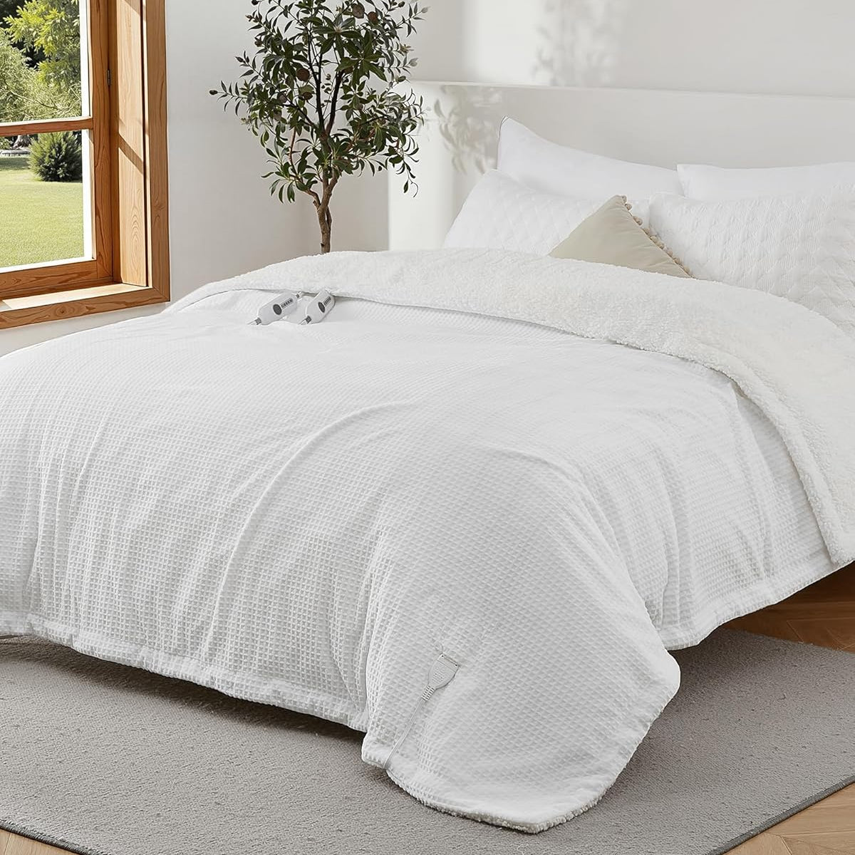 Garvee Heated Blanket Queen Size with Dual Control, Waffle Electric Blankets with ETL Certified, Soft Flannel Heating Blanket, 4 Heating Levels, 10 Hours Auto Off, White, Queen 84" x 90"