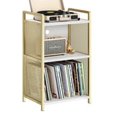 Garvee Record Player Stand with Storage, Gold Wooden Turntable Stand with Mesh Gold Metal Side, 3-Tier Golden Record Player Side Table for Living Room, Bedroom, Office - Gold