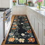 Garvee Floral Black 2x6 Runner Rug Washable Rug, Non-Slip Non-Shedding Kitchen Carpet, Low Pile Stain-Resistant Foldable Soft Carpet for Entryway, Laundry Room, Bathroom - Black