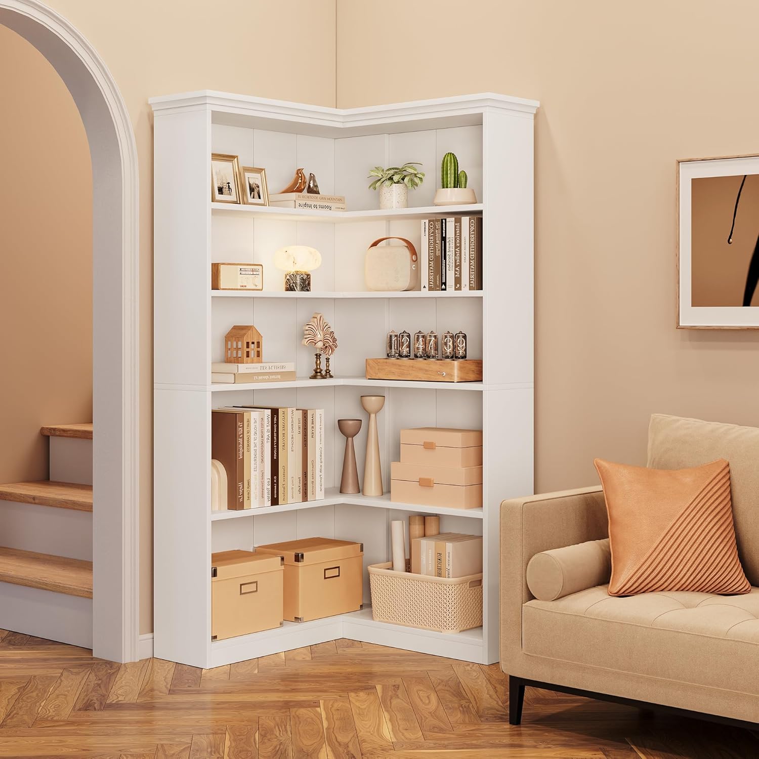 Garvee Farmhouse Bookshelf Corner Bookcase, 72.8” Large Bookcase Wood Bookshelf Tall L Shaped Bookshelf 5 Tier Corner Shelf Display Rack Etagere Shelf Storage for Office Bedroom (Full Panel, White)