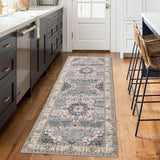 Garvee Runner Rugs 2x6 Boho Rug for Living Room Bedroom Low Pile Mat for Dining Room Kitchen Rug Easy Care Washable Mats Indoor Floor Vintage Carpet for Bedroom Decor - Dusty Teal & Ivory