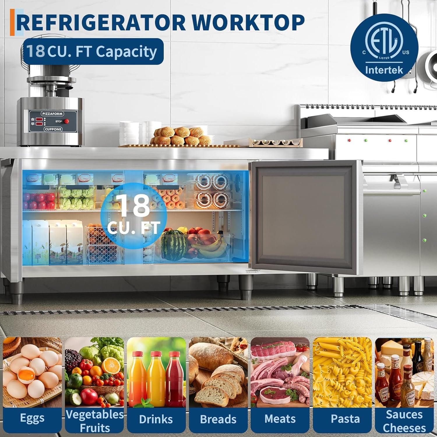 Garvee Stainless Steel Commercial Refrigerators 72 in W for Restuarant, 2 Door 18 Cu.Ft Worktop Undercounter Refrigerator Bar, Shop, Etc