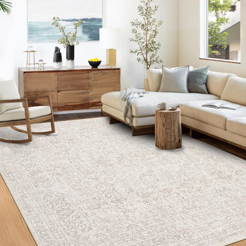 Garvee 9x12 Area Rug Large Washable Indoor Carpet with Non-Slip Backing, Non-Shedding Oriental Distressed Printed Rug, Traditional Medallion Area Rug for Living Room, Bed Room, Beige