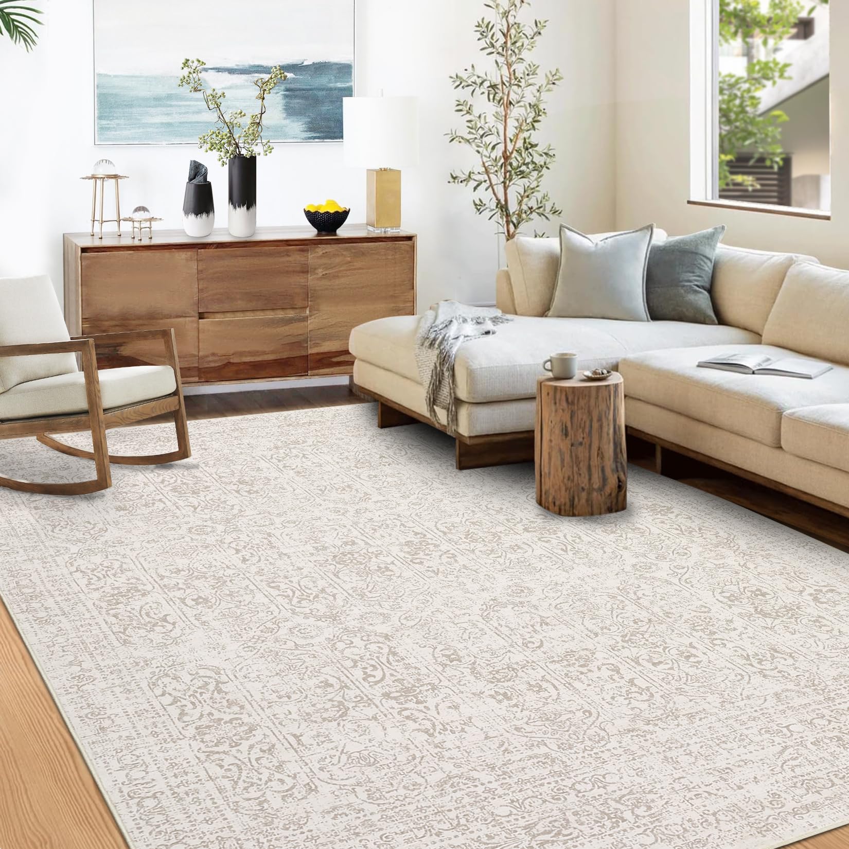 Garvee 9x12 Area Rug Large Washable Indoor Carpet with Non-Slip Backing, Non-Shedding Oriental Distressed Printed Rug, Traditional Medallion Area Rug for Living Room, Bed Room, Beige