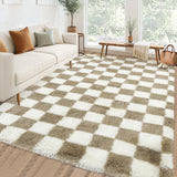 Garvee Checkered Rug 10x13 Brown White Thick Shag Washable Non-Slip Soft Plush Carpet for Living Room Bedroom Home Decor - Coffee
