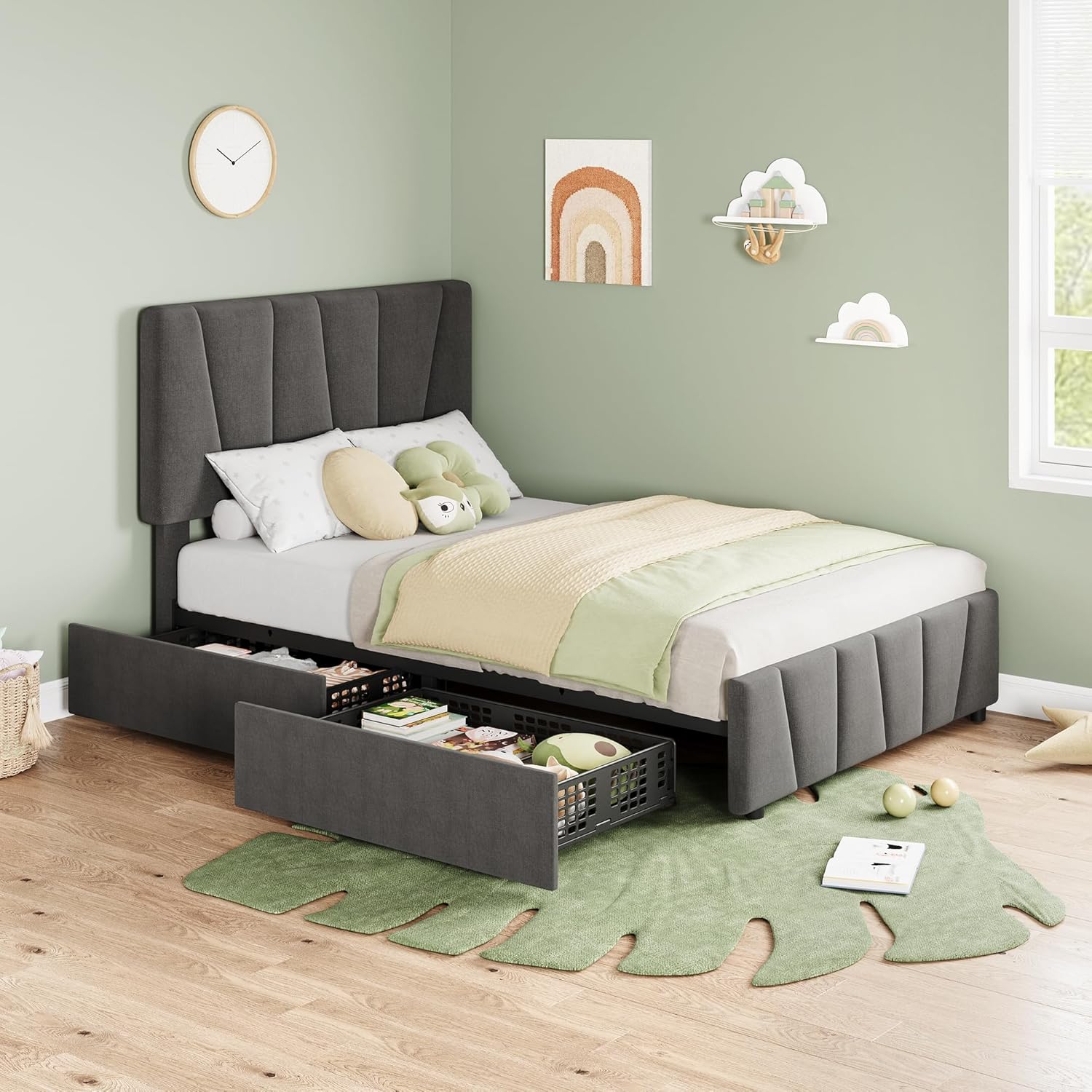 Garvee Twin Size Bed Frame with Adjustable Headboard and 2 Storage Drawers, Upholstered Platform Bed Frame with Wooden Slats Support, No Box Spring Needed, Dark Grey (Twin)