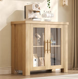 Garvee Buffet Cabinet with Storage, 31.5" Sideboard Credenza with Tempered Glass Doors, Natural Wood for Living Room, Dining Room, Kitchen - Natural Wood