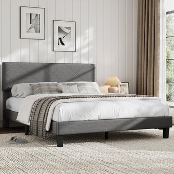 Garvee Queen Size Bed Frame with Upholstered Headboard, Queen Size Platform Bed Frame with Wooden Slat Support, Easy Assembly Platform Bed, No Box Spring Needed & Noise Free, Gray