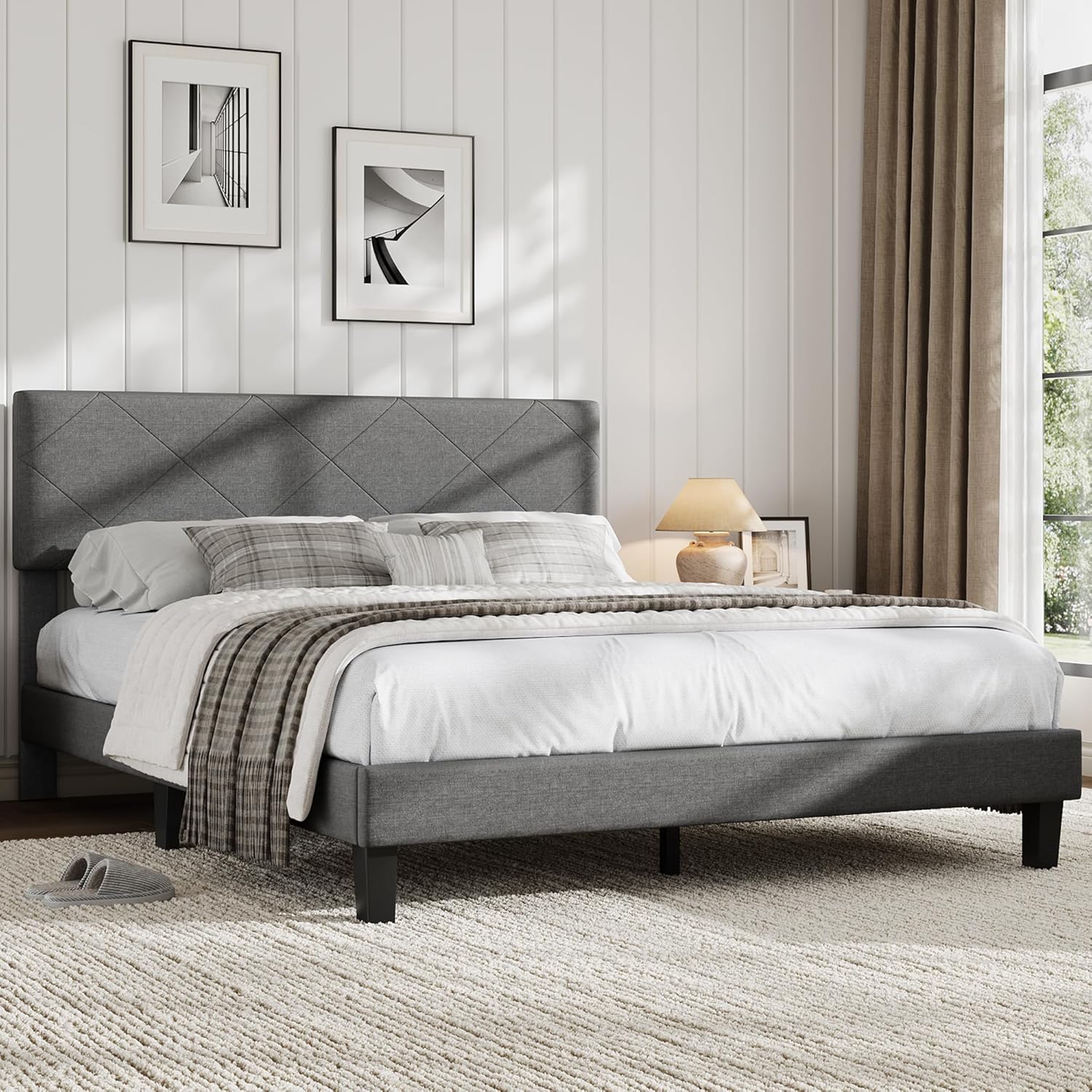 Garvee Queen Size Bed Frame with Upholstered Headboard, Queen Size Platform Bed Frame with Wooden Slat Support, Easy Assembly Platform Bed, No Box Spring Needed & Noise Free, Gray