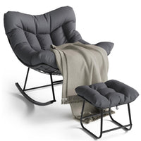 Garvee Papasan Rocking Chair with Footrest, 400 lbs Indoor Outdoor Lounge Rocker with Thick Cushion & Ottoman for Patio, Balcony, Porch & Bedroom, Dark Gray