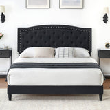 Garvee Queen Bed Frame with Button Tufted Headboard, Fabric Upholstered Platform Bed Frame with Adjustable Headboard, Mattress Foundation, Easy Assembly, No Box Spring Needed - Black / Queen - Black