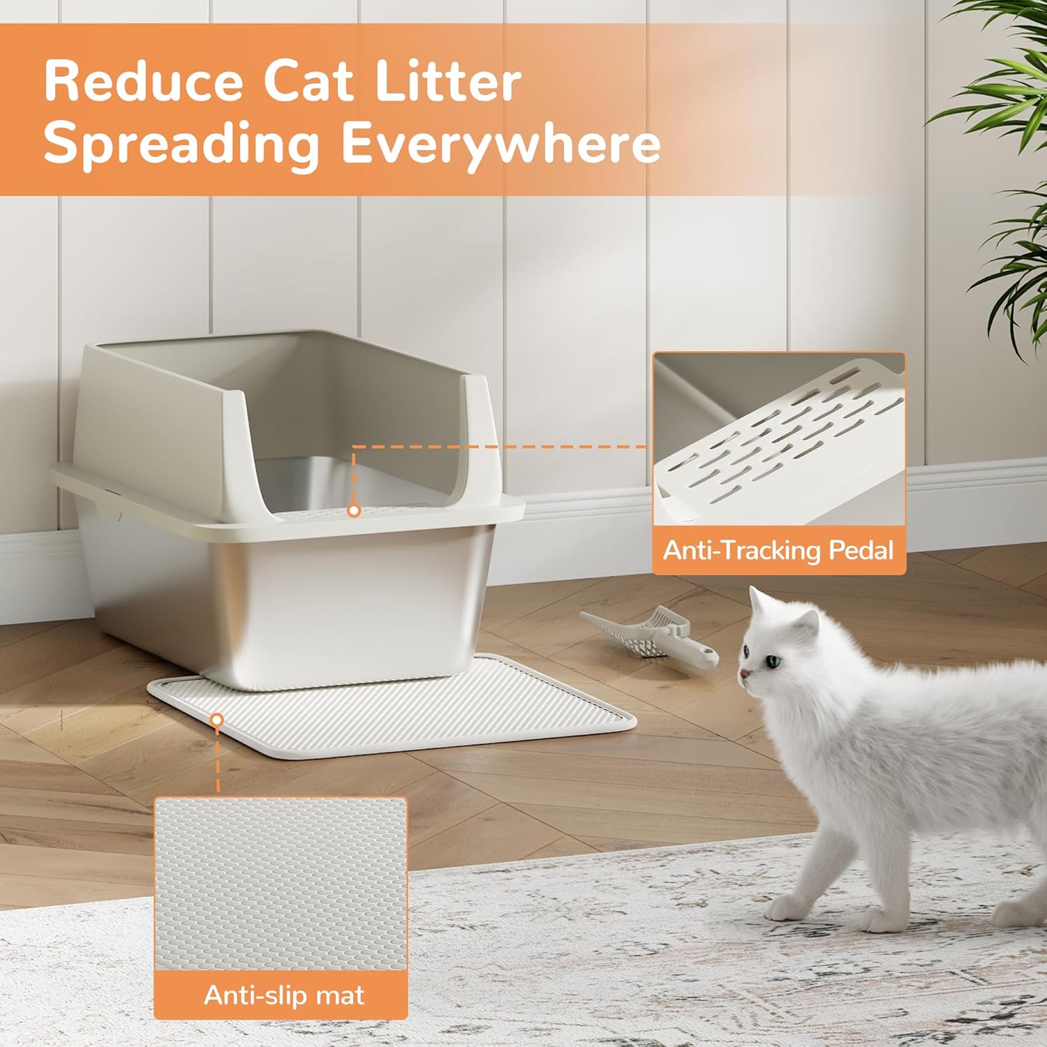 Garvee Stainless Steel Litter Box, Large Open Cat Litter Box for Big Cats, Metal Cat Box with High Sided Enclosure & Scoop Litter Mat, Odor Free, Anti-Leakage, 12"H