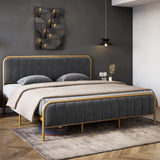 Garvee Queen Gold Platform Bed Frame + Velvet Tufted Upholstered Headboard + 10.2” Under Bed Storage + Durable Metal Mattress Foundation + Wood Slats Support + No Box Spring Needed + Grey - Gold + grey cloth
