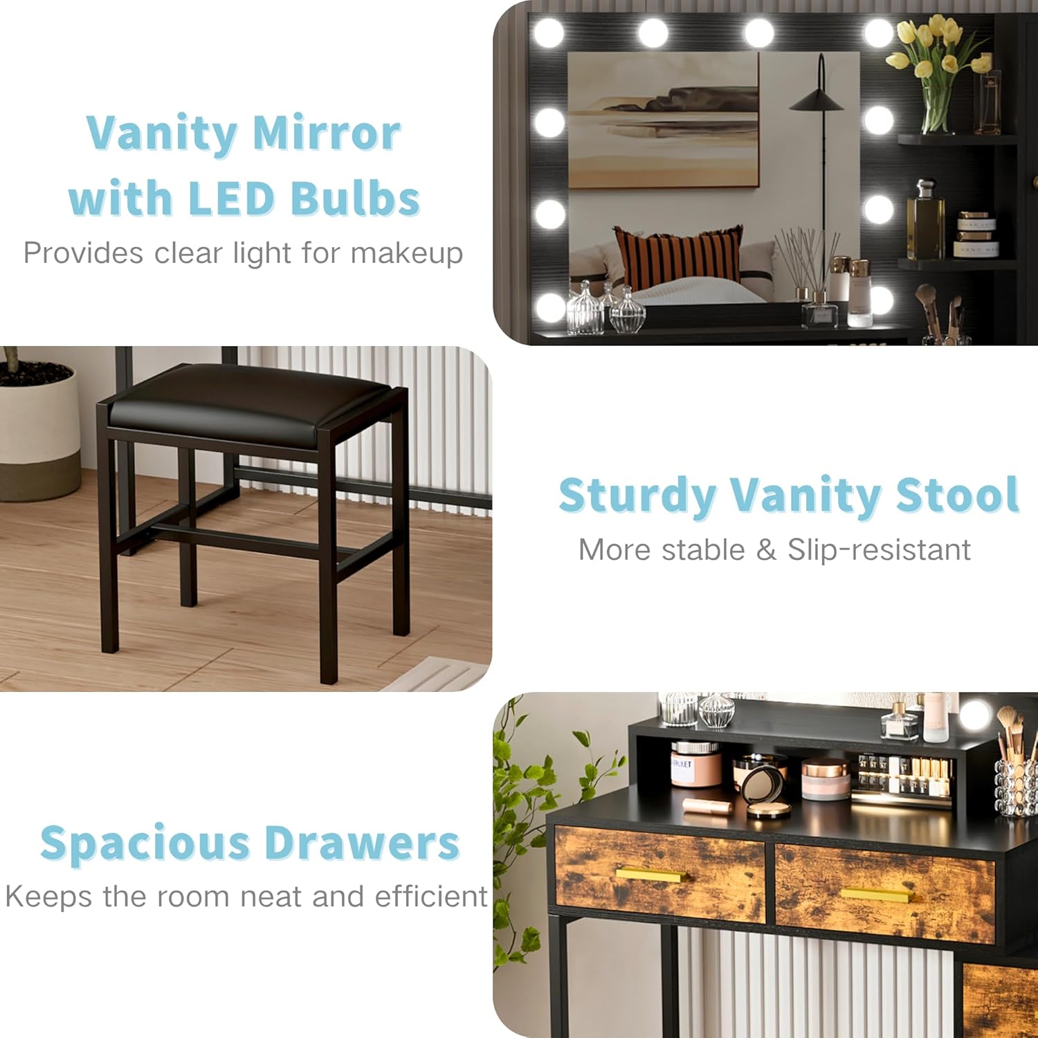 Garvee Vanity and Stool with Mirror and Lights, Wooden Vanity Desk with Charging Station, Black Makeup Table with Drawers and LED Bulbs