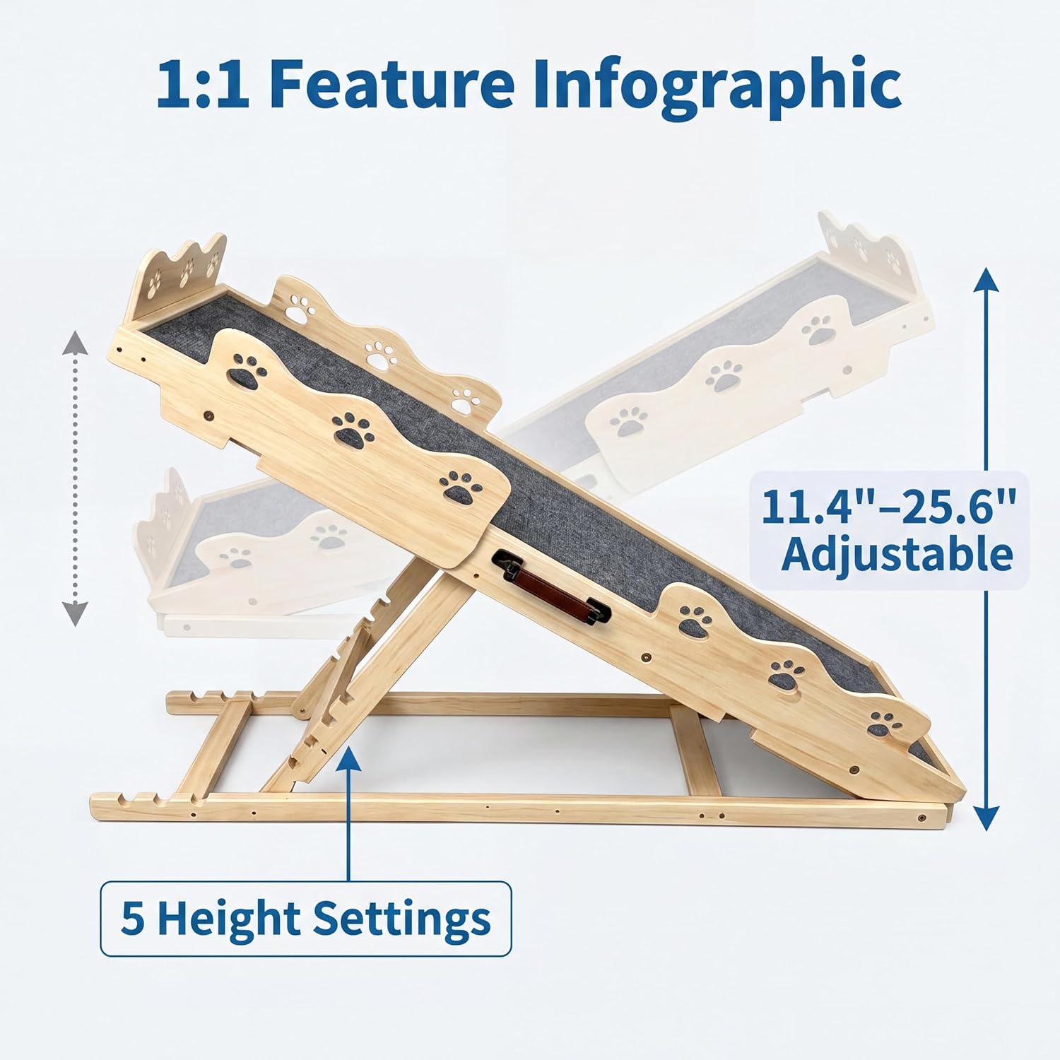 Garvee Wooden Adjustable Dog Ramp for Bed Couch Pet Ramp for Small or Large Dog with Non-Slip Surface Portable Dog Car Ramp for SUV Car. RVs & Truck. Up to 250 LBS