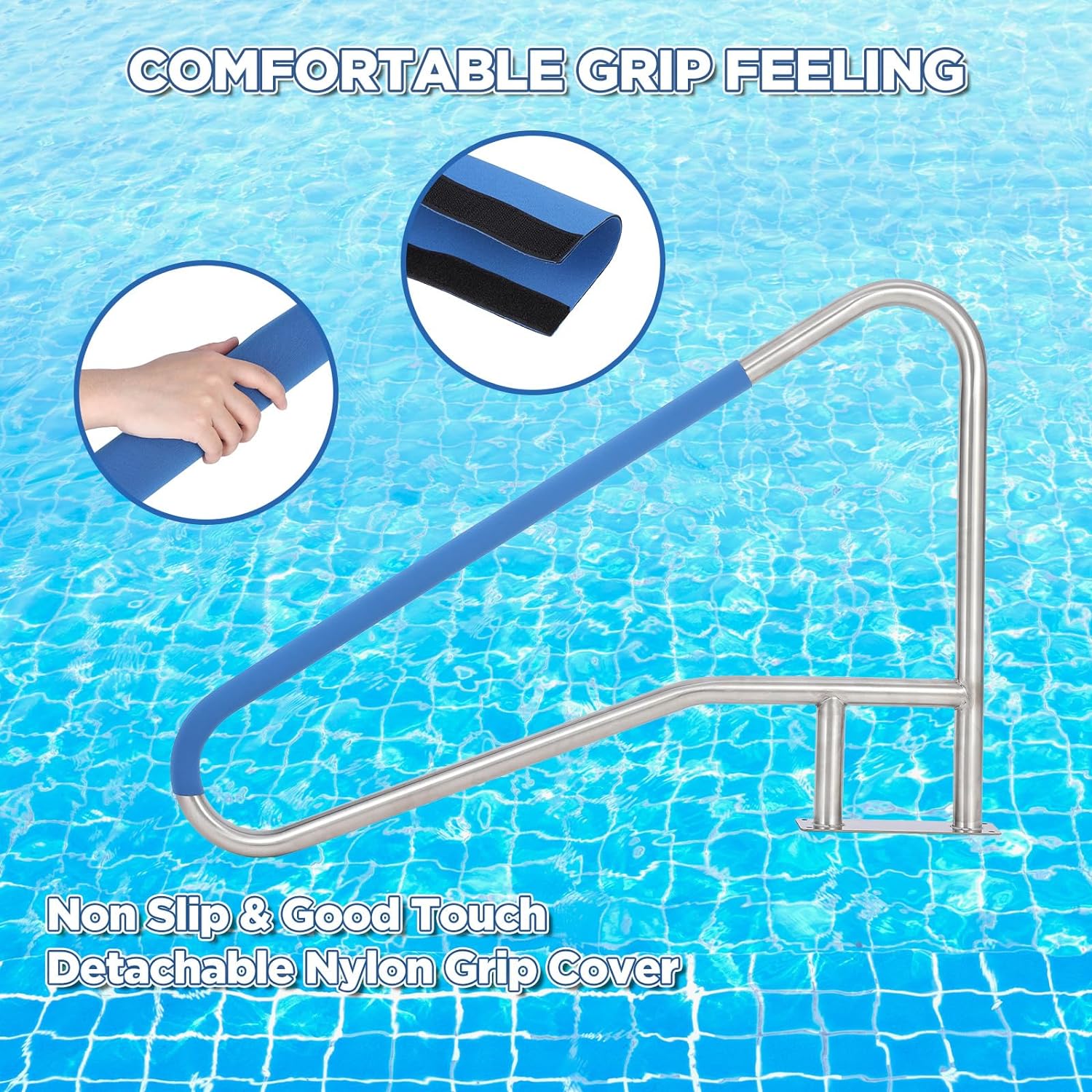 Garvee Pool Handrail 55x32 Pool Rail 304 Stainless Steel Silver Rustproof Pool Stair Rail with Blue Grip Cover Humanized Swimming Pool Railing, Quick Mount Accessories for Pools and Spas