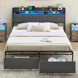 Garvee King Size Bed Frame with LED Lights and Charging Station, Upholstered Bed 2-Tier Storage Headboard & Drawers, Heavy Duty Metal Slats, No Box Spring Need, Noise Free, Easy Assembly, Grey - Black