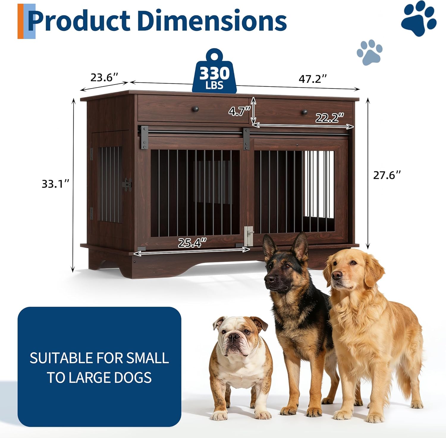 Garvee Dog Crate Furniture for 2 Dogs, 47" Double Dog Kennel with Removable Divider and 2 Drawers, Triple Doors, Decorative TV Stand Side Table, Indoor Pet Cage for L/M/S Dogs, Dark Brown