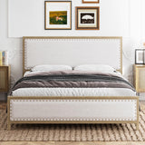 Garvee King Size Metal Bed Frame with Linen Upholstered Headboard, Rivet Design, Wood Grain, No Box Spring Needed, Vintage Style - Wood grain