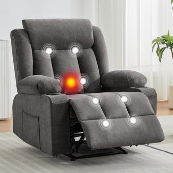 Garvee Recliner Chair 24" Seat Width, Manual Reclining Sofa with Massage and Heat, Comfy Overstuffed Rocking Chair with Side Pockets, Front Pockets and Cup Holder for Living Room, Gray