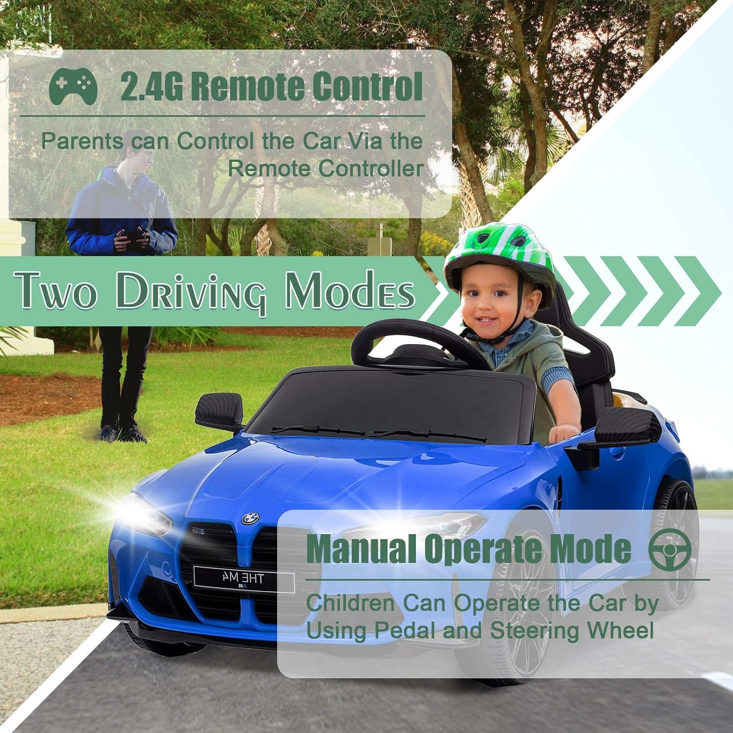 Garvee Ride - P Series: 12V Electric Ride On Car for 37-83 Months, w/RC,Licensed by BMW M4,Power Wheels for Boys Girls, with Suspension System,3 Speeds, Bluetooth, MP3, Double Door, LED Light - Blue