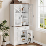 Garvee Farmhouse Pantry Cabinet with Tempered Glass Doors Anti-Tip Design for Kitchen Dining Living Room 71.9" White - White