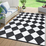 Garvee 10×14 Outdoor Rug Waterproof, Reversible Black & White Geometric Patio Rug, Lightweight PP Plastic Straw Rug with 4 Stakes & Carry Bag for RV, Deck, Balcony & Camping - Black & White