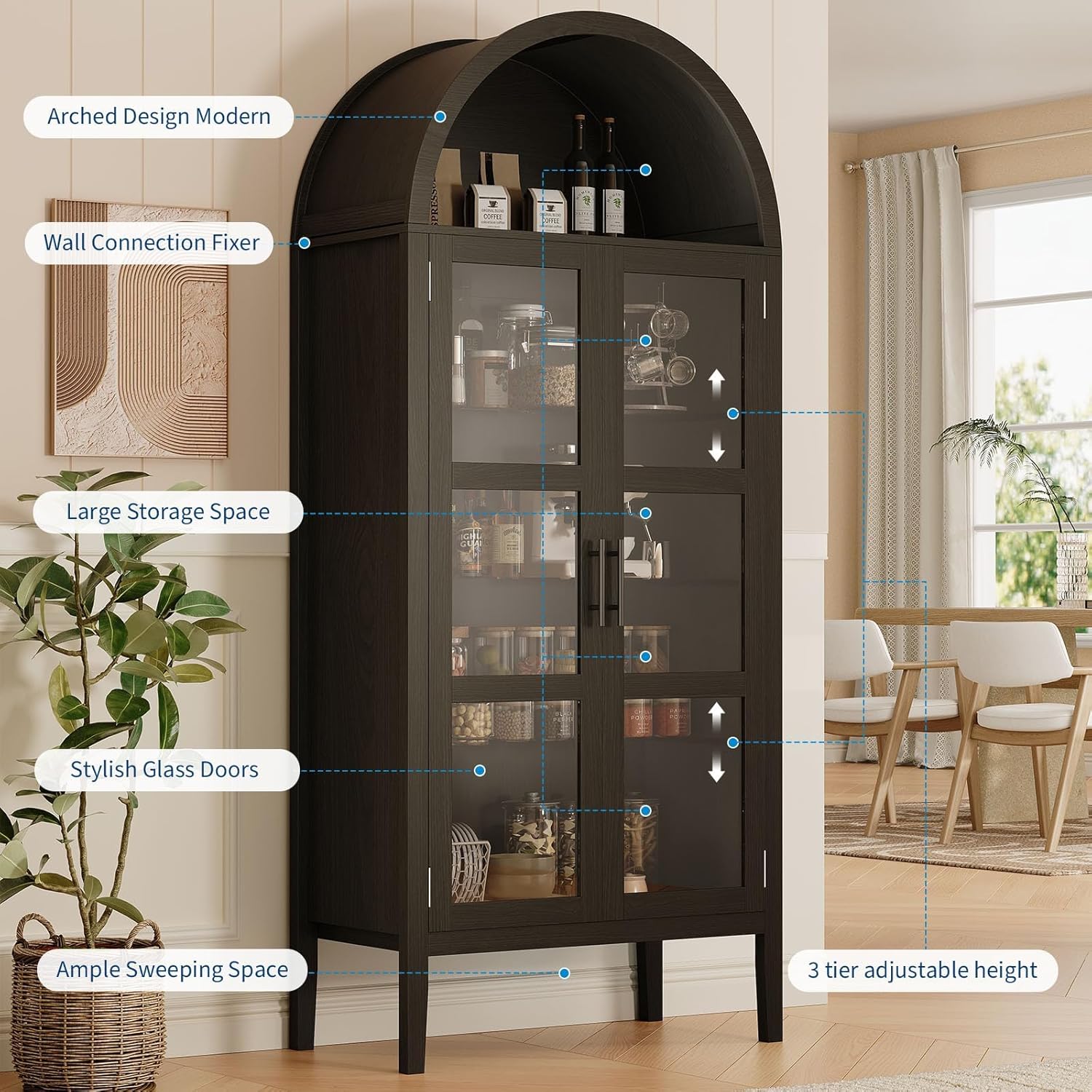Garvee 71 in Arched Cabinet with Glass Doors, 5-Tier Modern Arched Bookcase with 3-Color LED Lights & Adjustable Shelves, Freestanding Accent Display Cabinet for Living Room, Kitchen, Black