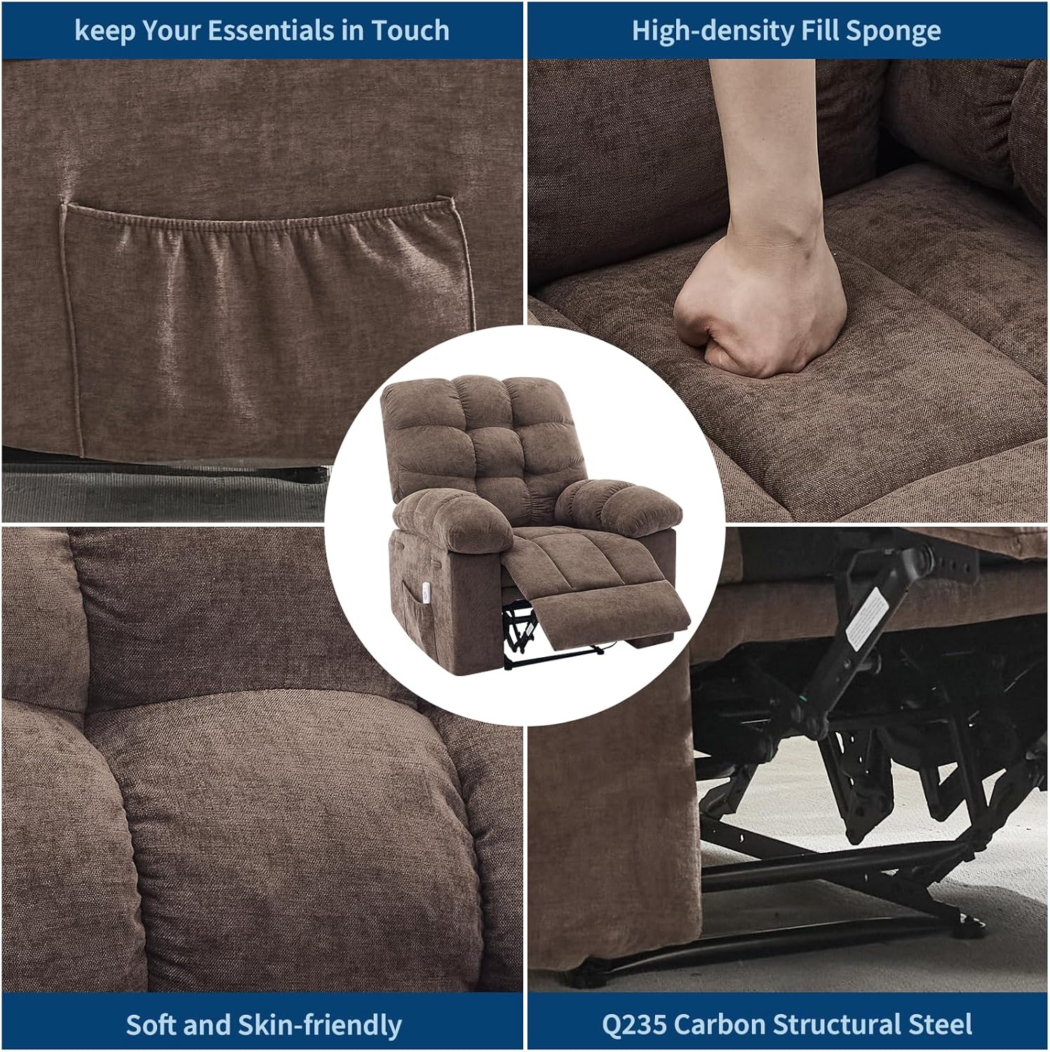 Garvee Recliner Chair with Massage and Heat, Single Sofa Wide Recliner Chair, Heat Ergonomic Overstuffed Breathable Fabric Reclining Chair with 2 Side Pockets, Remote Control, Living Room, Coffee